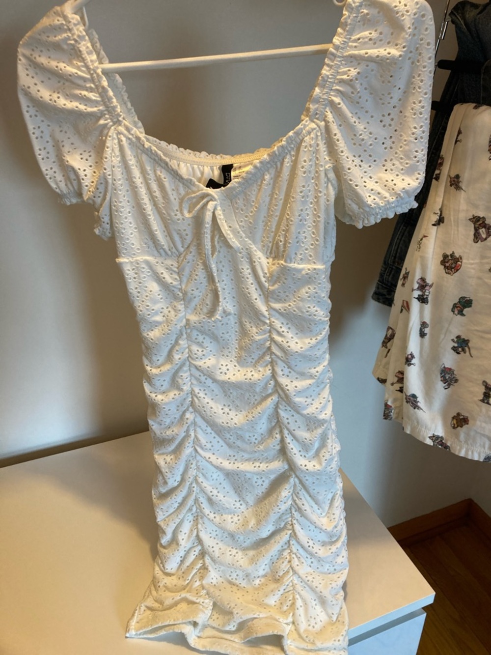 H&M White Eyelet Ruched Midi Dress with Puff Sleeves